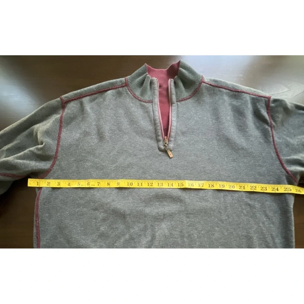 Men's TOMMY BAHAMA Sweater Reversible Size L Cotton 1/4 zip ribbed maroon gray